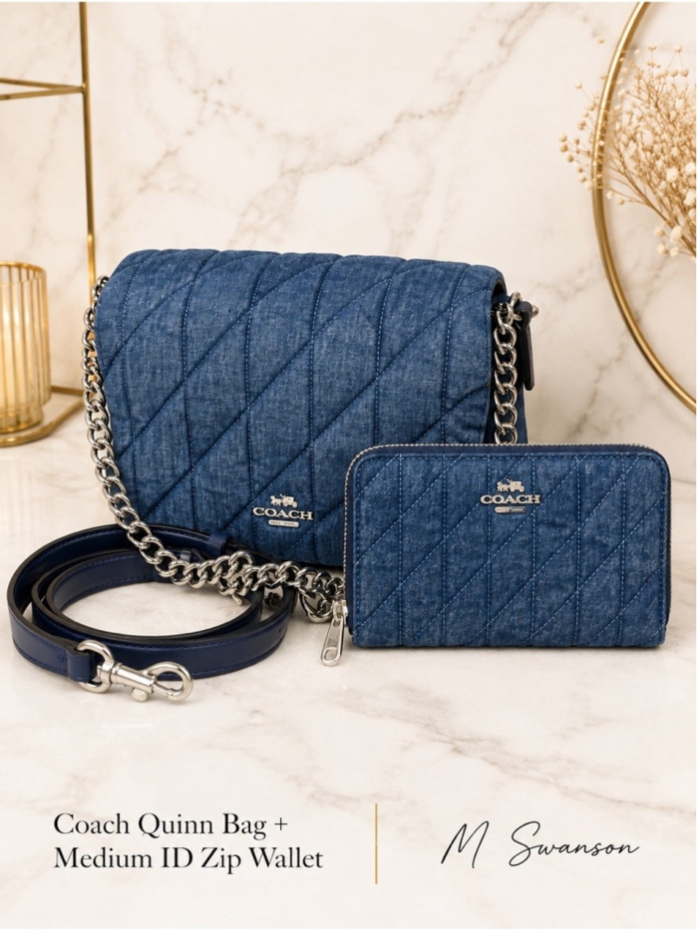 NEW Coach Quinn Quilted Denim Bag + Medium ID Wallet Set NWOT